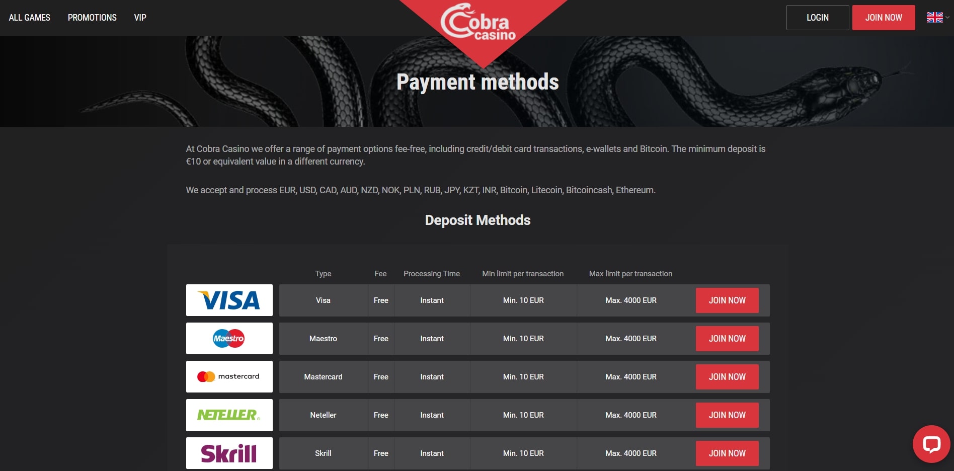Cobra Casino Payment Methods