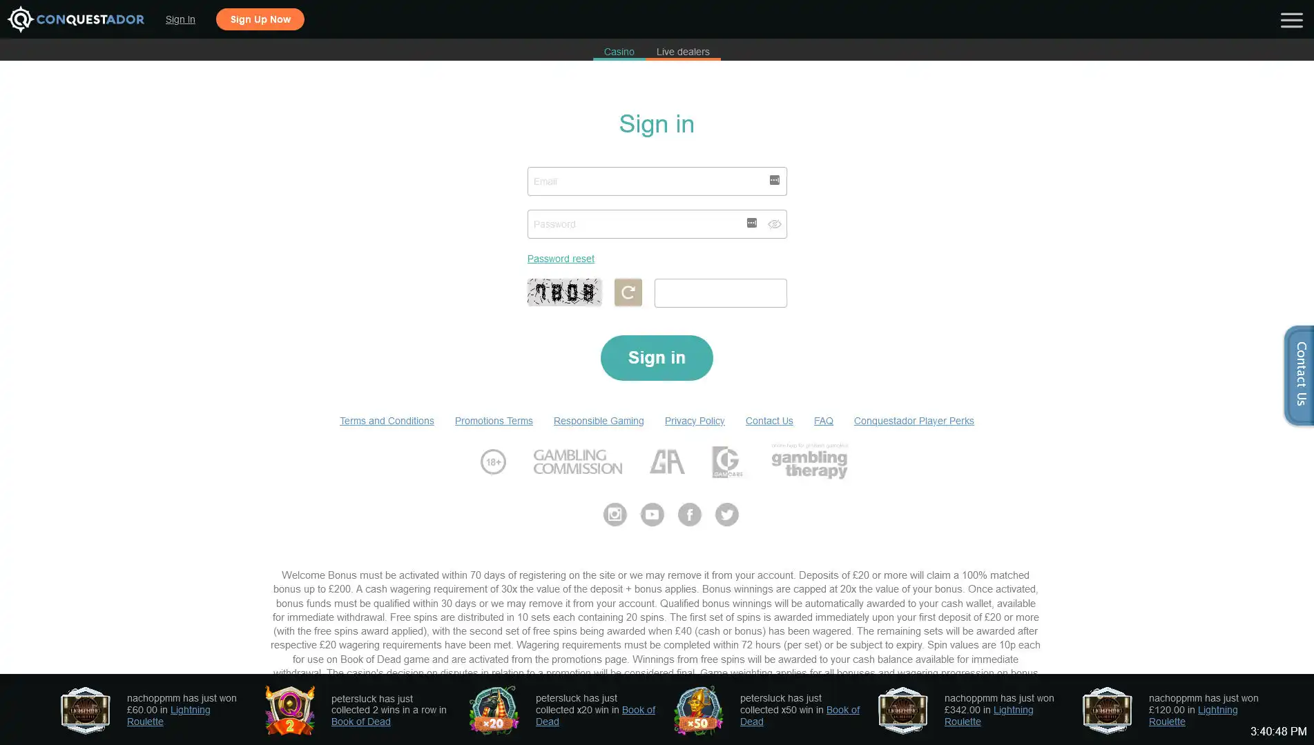 Conquestador Casino Login