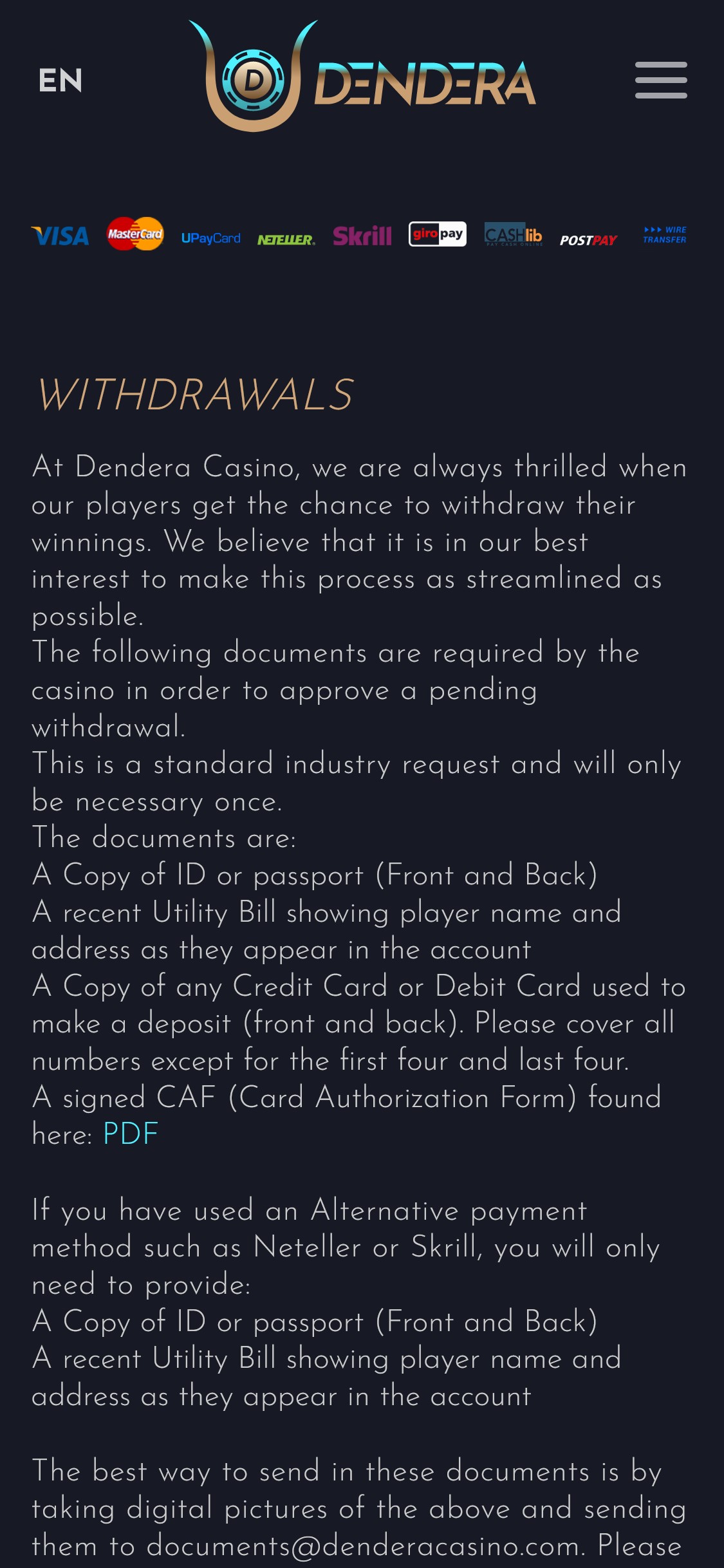 Dendera Casino Mobile Payment Methods Review