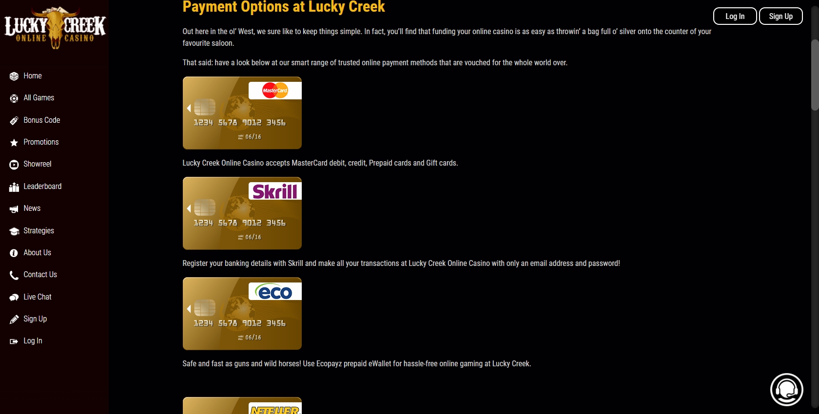 Lucky Creek Casino Payment Methods