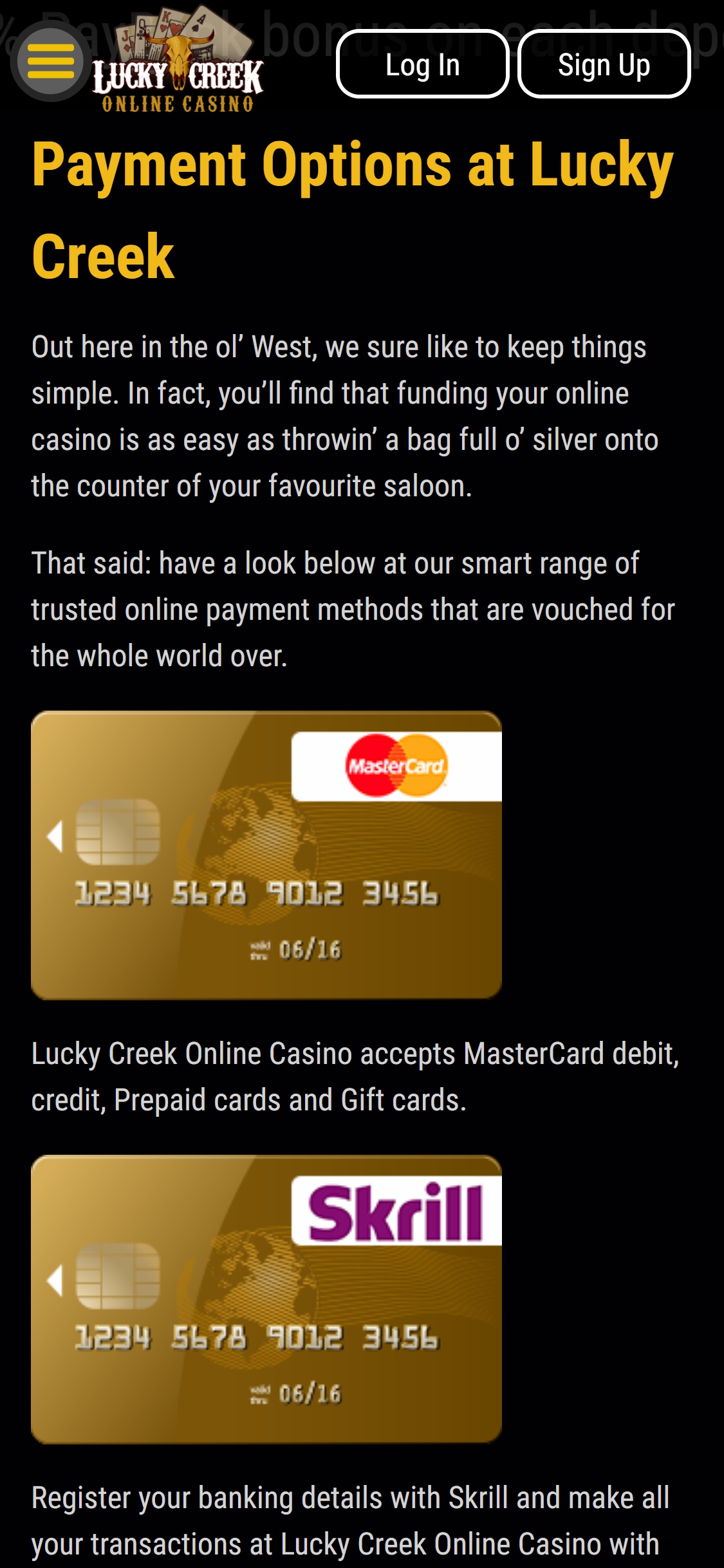 Lucky Creek Casino Mobile Payment Methods Review