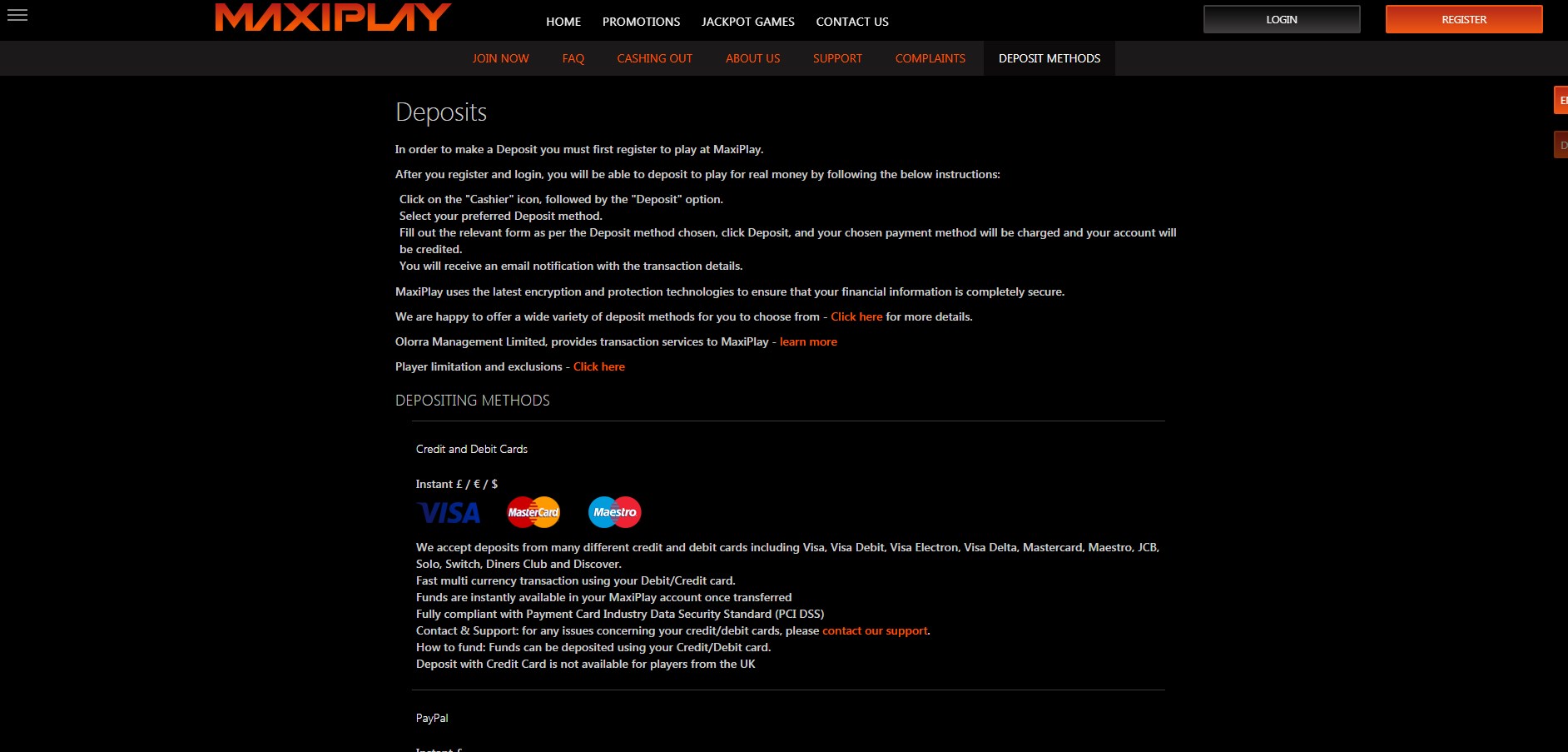MaxiPlay Casino Payment Methods