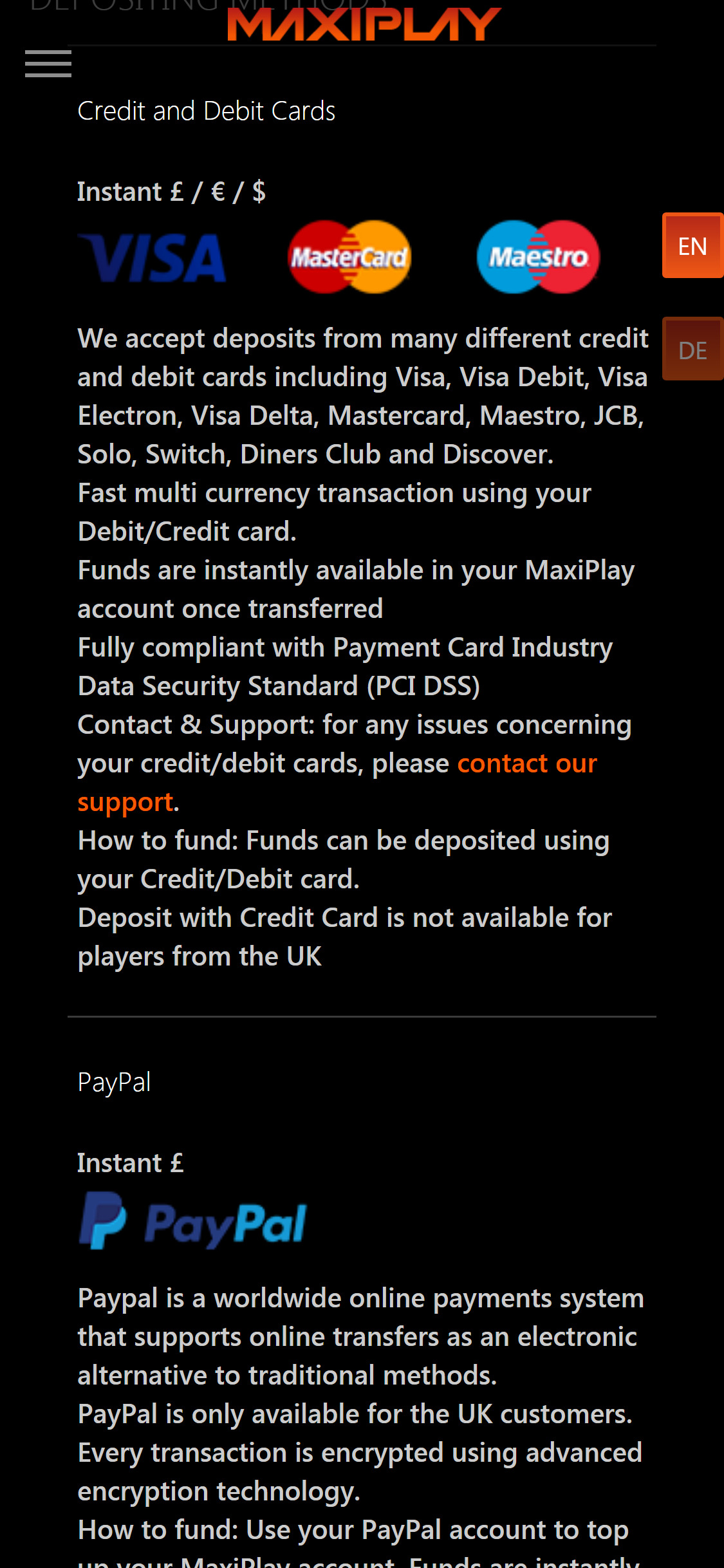 MaxiPlay Casino Mobile Payment Methods Review