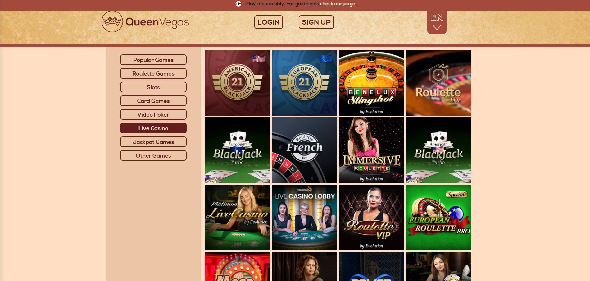 Queen Vegas Casino Live Dealer Games