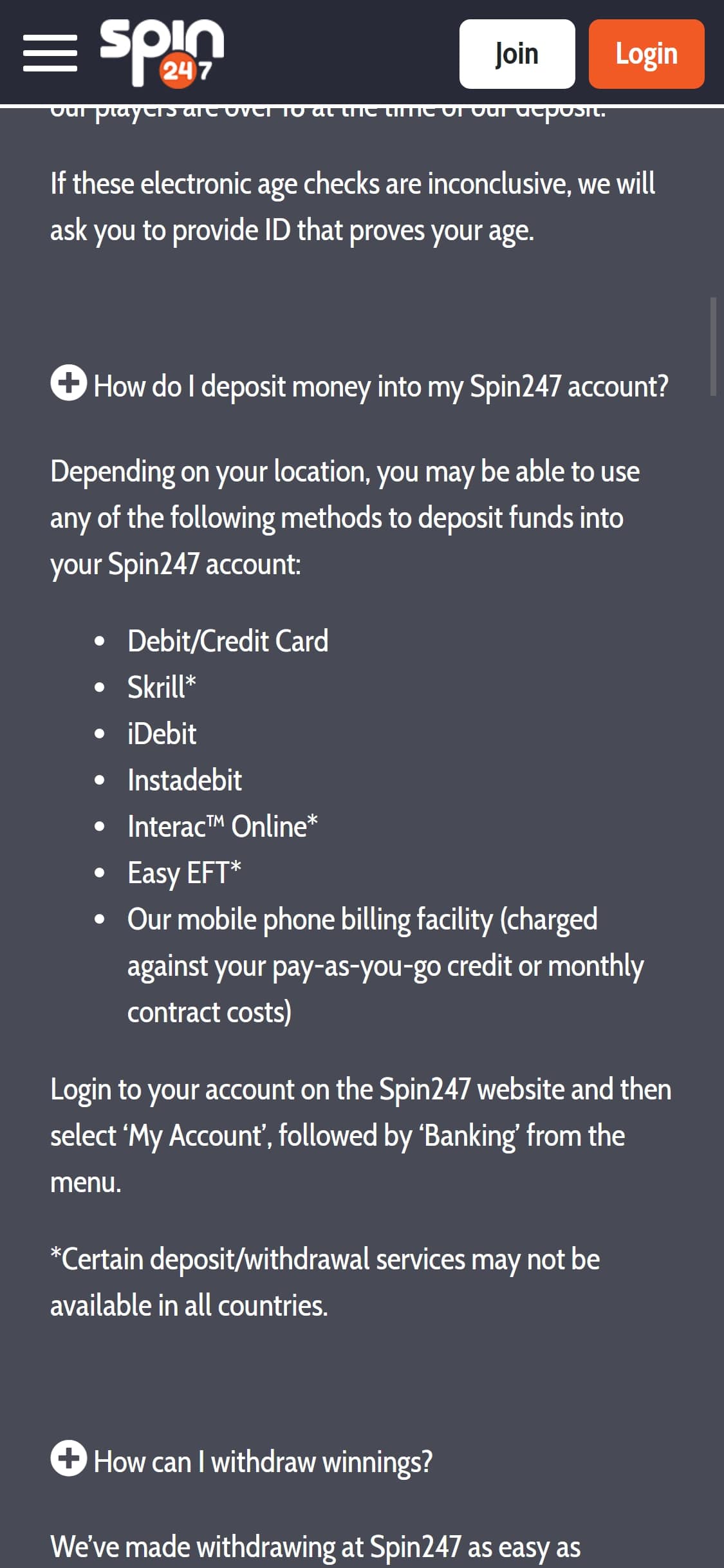 Spin247 Casino Mobile Payment Methods Review